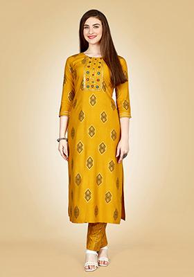 Yellow Embroidered Rayon Kurta Set