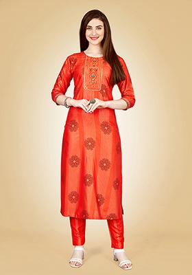 Orange Embroidered Rayon Kurta Set