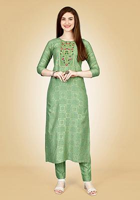 Pista Green Embroidered Rayon Kurta Set