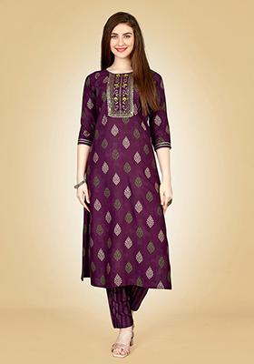 Purple Embroidered Rayon Kurta Set