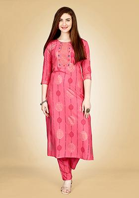 Pink Embroidered Rayon Kurta Set