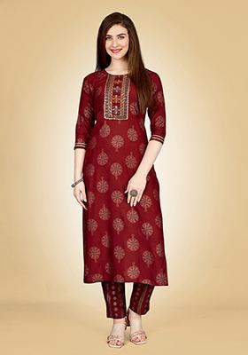 Maroon Embroidered Rayon Kurta Set