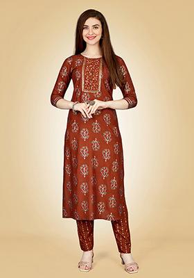 Rust Brown Embroidered Rayon Kurta Set
