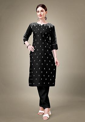Black Embroidered Cotton Blend Kurta Set