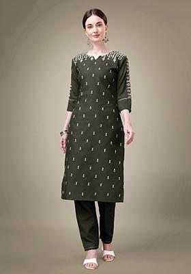 Dark Green Embroidered Cotton Blend Kurta Set