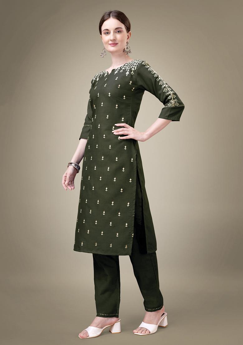 Dark Green Embroidered Cotton Blend Kurta Set