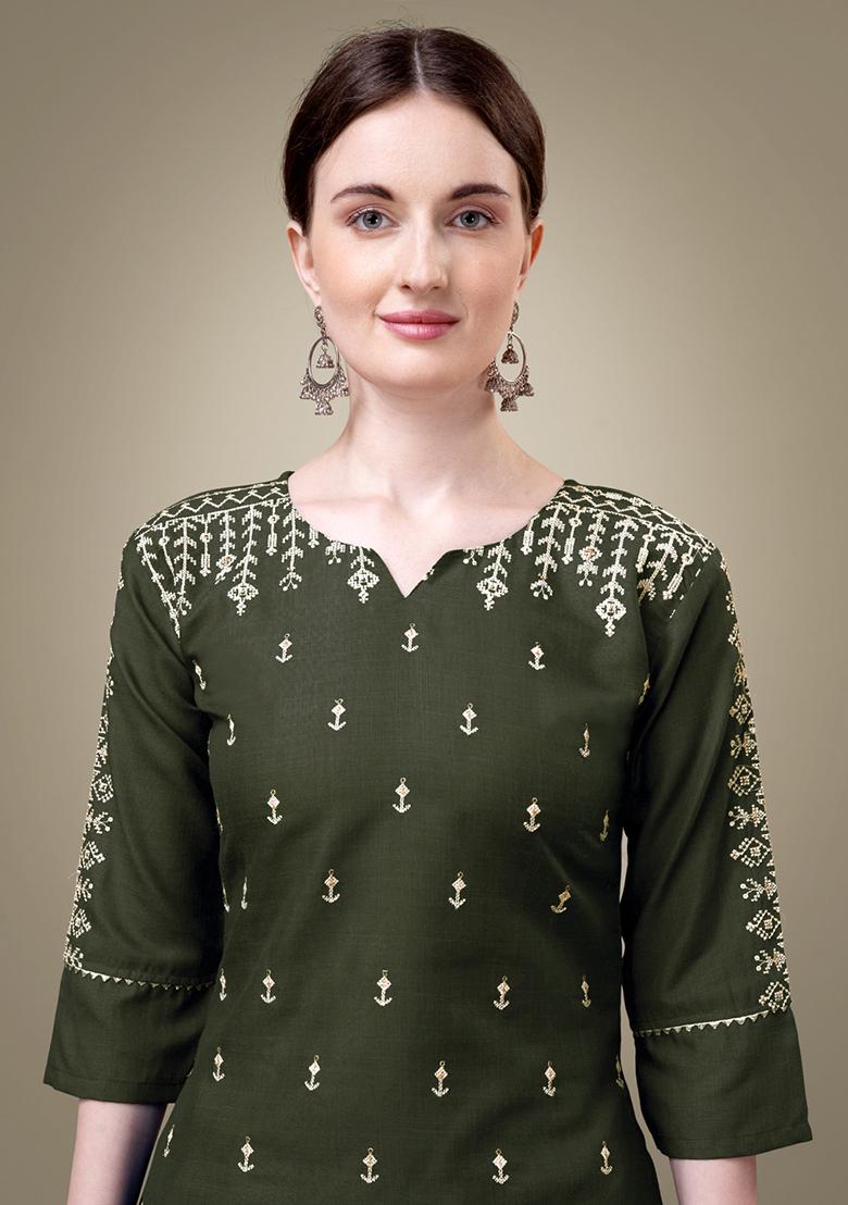 Dark Green Embroidered Cotton Blend Kurta Set