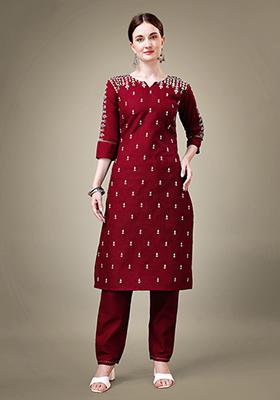 Maroon Embroidered Cotton Blend Kurta Set