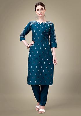 Morpich Blue Embroidered Cotton Blend Kurta Set