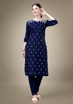 Navy Blue Embroidered Cotton Blend Kurta Set
