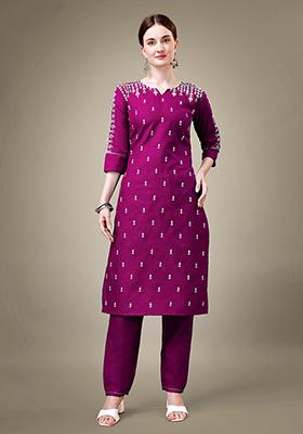 Purple Embroidered Cotton Blend Kurta Set