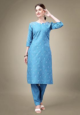 Sky Blue Embroidered Cotton Blend Kurta Set