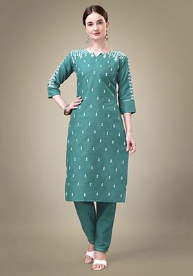 Teal Embroidered Cotton Blend Kurta Set