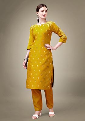 Yellow Embroidered Cotton Blend Kurta Set