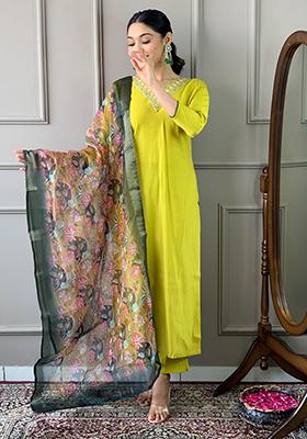 Lemon Yellow Embroidered Viscose Chanderi Kurta Set