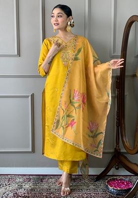 Mustard Embroidered Viscose Chanderi Kurta Set
