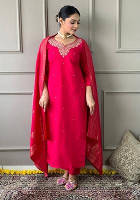 Red Embroidered Viscose Chanderi Kurta Set