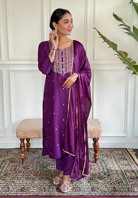 Wine Embroidered Viscose Chanderi Kurta Set