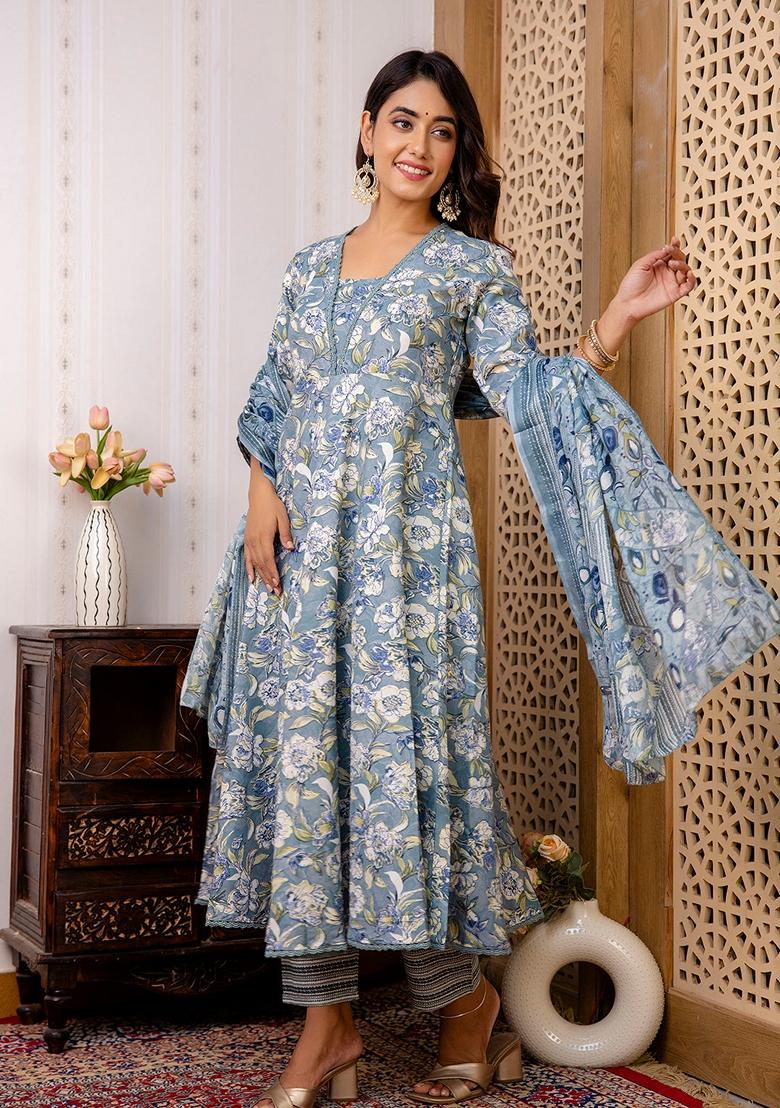 Grey Floral Print Cotton Blend Anarkali Set
