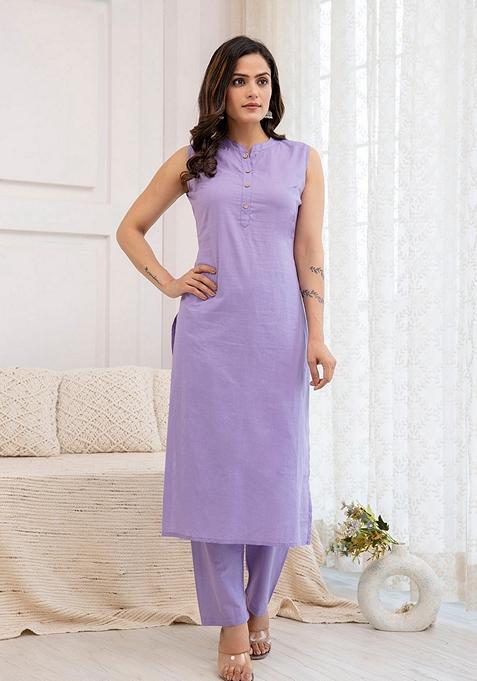 Purple Solid Pure Cotton Kurta Set