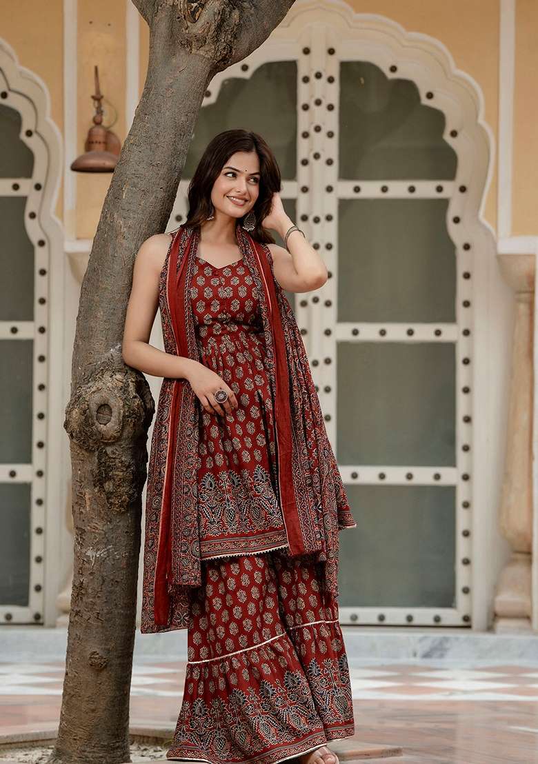 Maroon Printed Cotton Sharara Set - Indya
