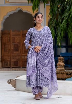 Purple Printed Pure Cotton Anarkali Set
