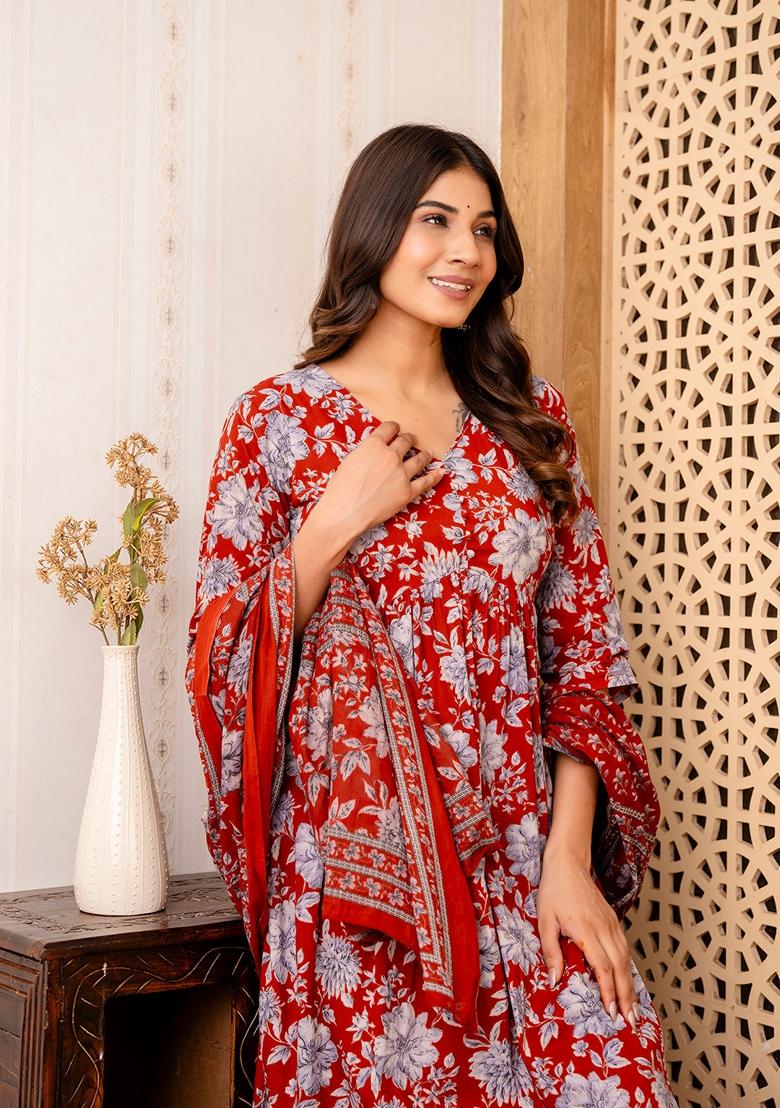 Maroon Floral Print Pure Cotton Anarkali Set