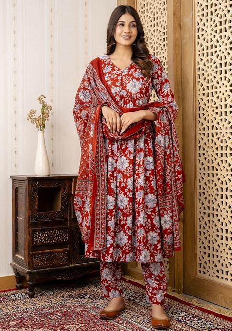 Maroon Floral Print Pure Cotton Anarkali Set