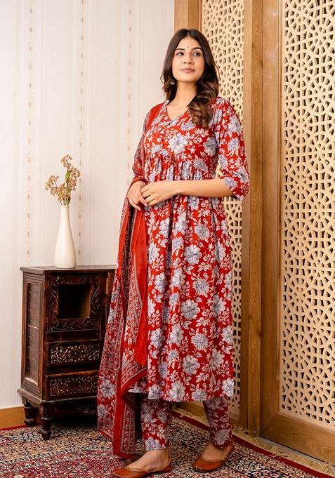 Maroon Floral Print Pure Cotton Anarkali Set