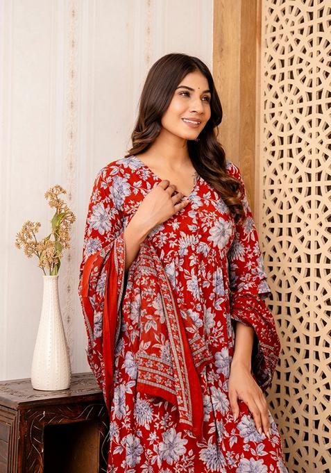 Maroon Floral Print Pure Cotton Anarkali Set