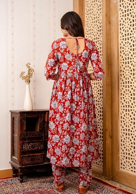 Maroon Floral Print Pure Cotton Anarkali Set