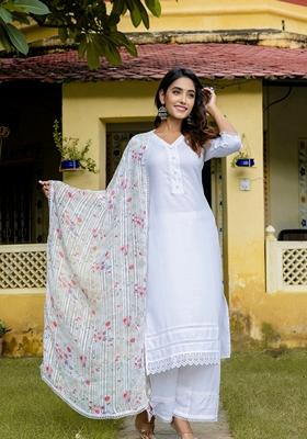White Printed Cotton Blend Kurta Set