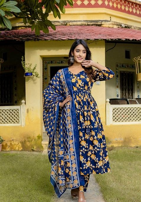 Navy Blue Printed Pure Cotton Anarkali Set