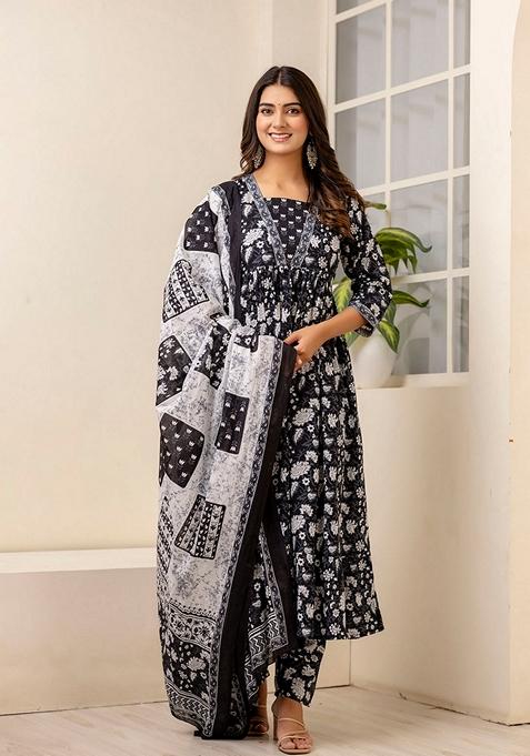 Black Printed Pure Cotton Anarkali Set