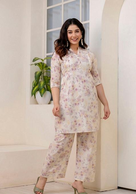 Cream Printed Pure Cotton Co-Ords Set