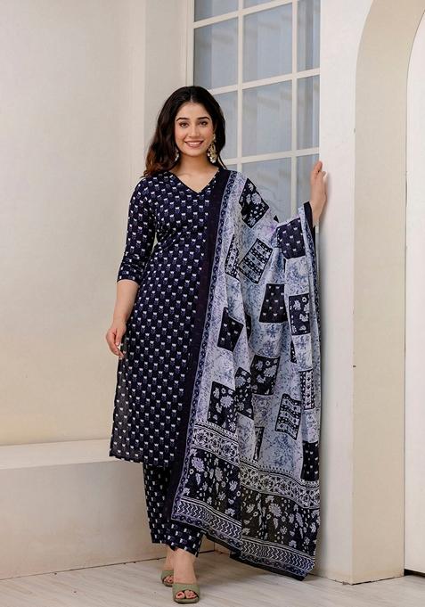 Black Printed Pure Cotton Kurta Set