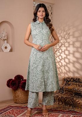 Green Printed Pure Cotton Kurta Set