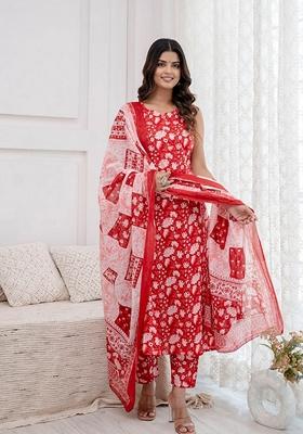Red Printed Pure Cotton Kurta Set