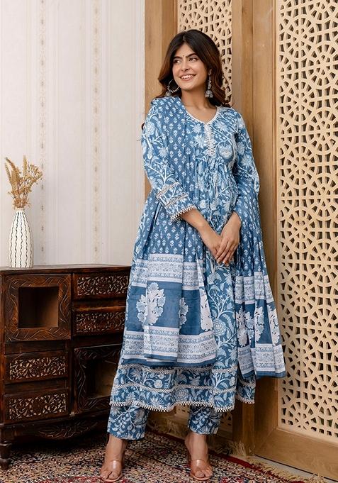 Blue Floral Print Pure Cotton Anarkali Set