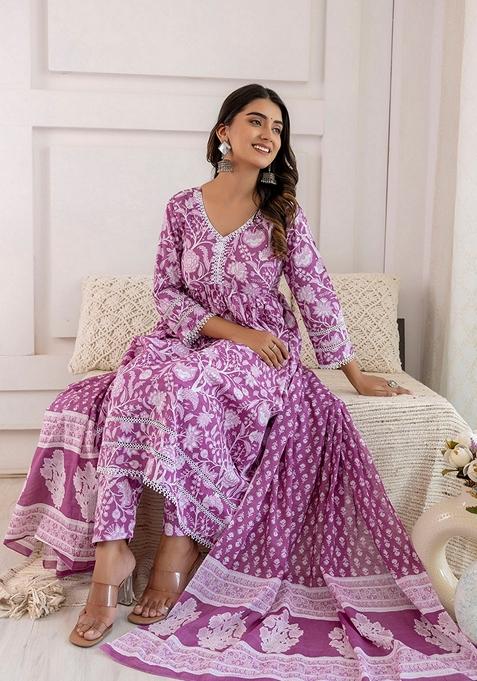 Mauve Floral Print Pure Cotton Anarkali Set