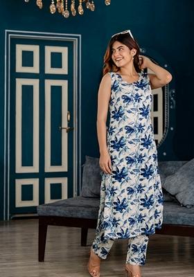 White Floral Print Rayon Straight Kurta Set
