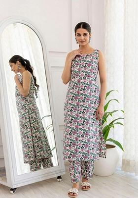 White Printed Pure Cotton Kurta Set