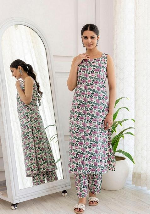 White Printed Pure Cotton Kurta Set