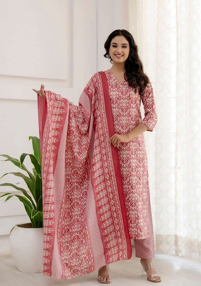 Pink Printed Blended Straight Kurta Set - Indya