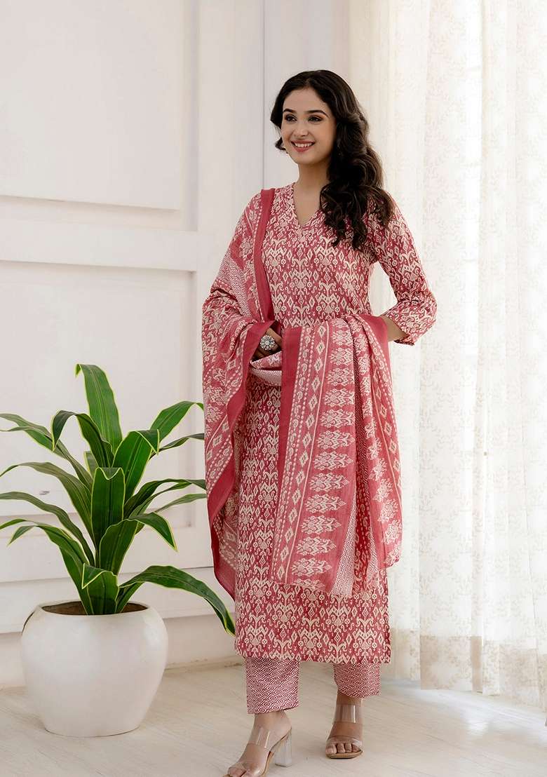 Pink Printed Blended Straight Kurta Set - Indya