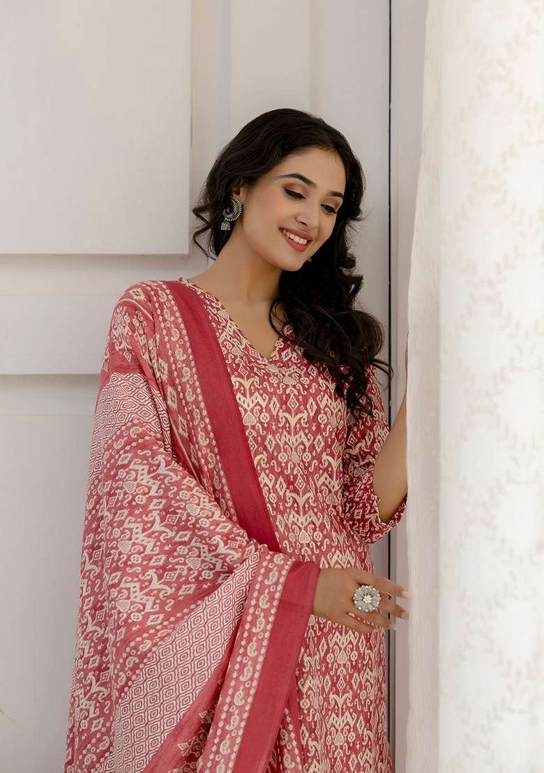 Pink Printed Blended Straight Kurta Set - Indya