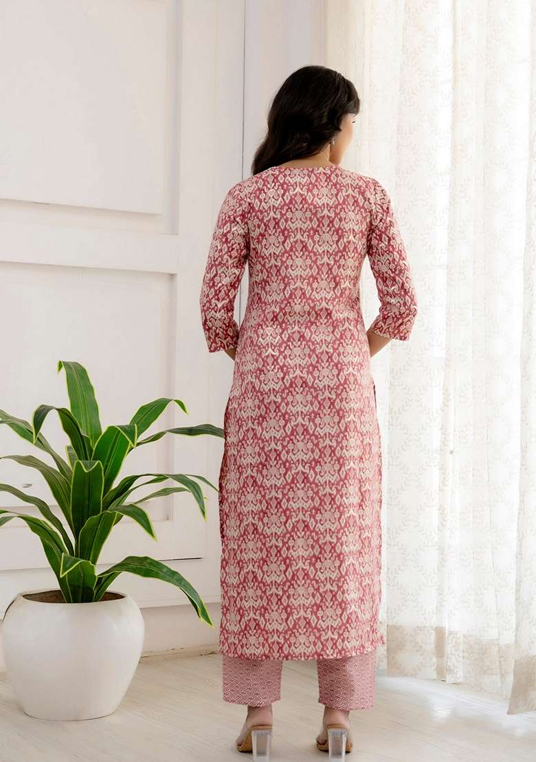 Pink Printed Blended Straight Kurta Set - Indya