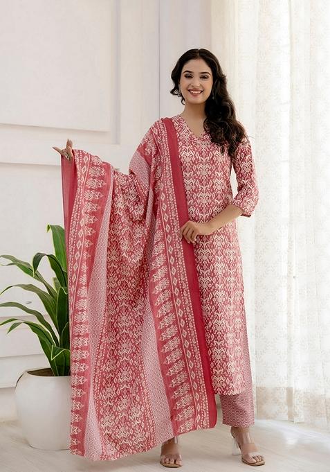 Pink Printed Cotton Blend Kurta Set