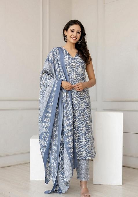 Grey Printed Cotton Blend Kurta Set