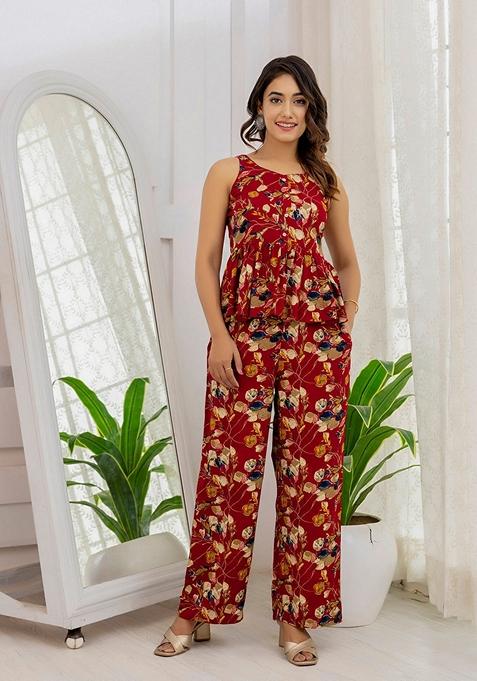 Maroon Printed Viscose Rayon Co-Ords Set